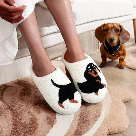 Dachshund Embroidery Furry Cotton Slippers