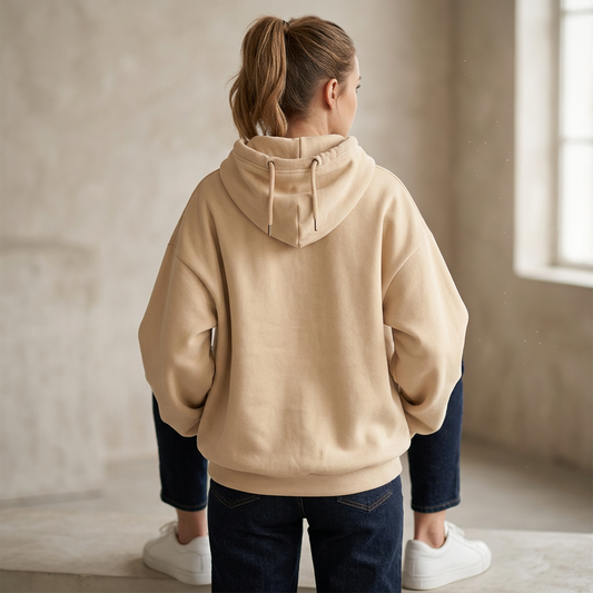 Beige dachshund hoodie worn by a model from behind, showing the back fit