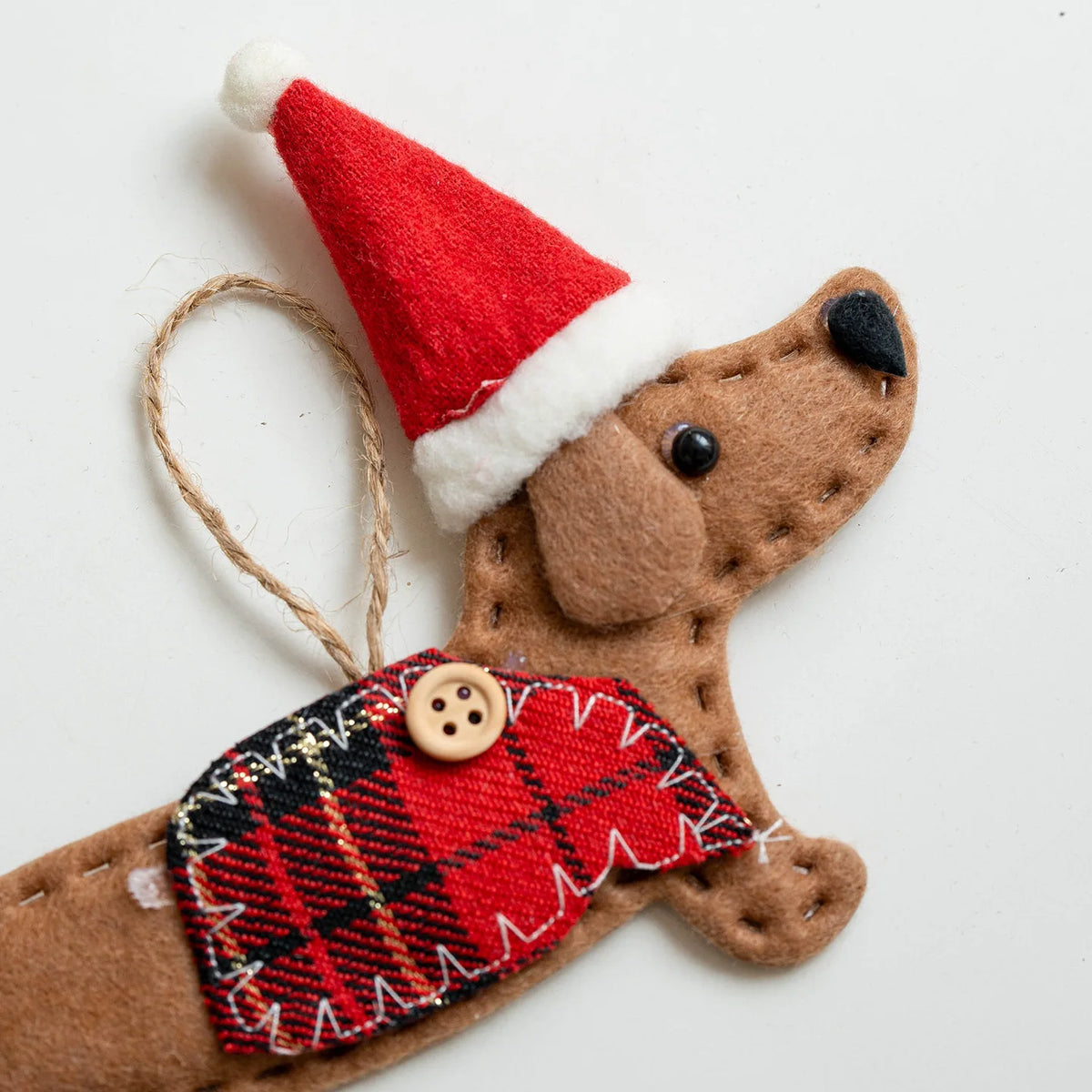 Felt Dachshund Christmas Ornaments – Santa Hat Sausage Dog Plaid Tree Hanging Décor