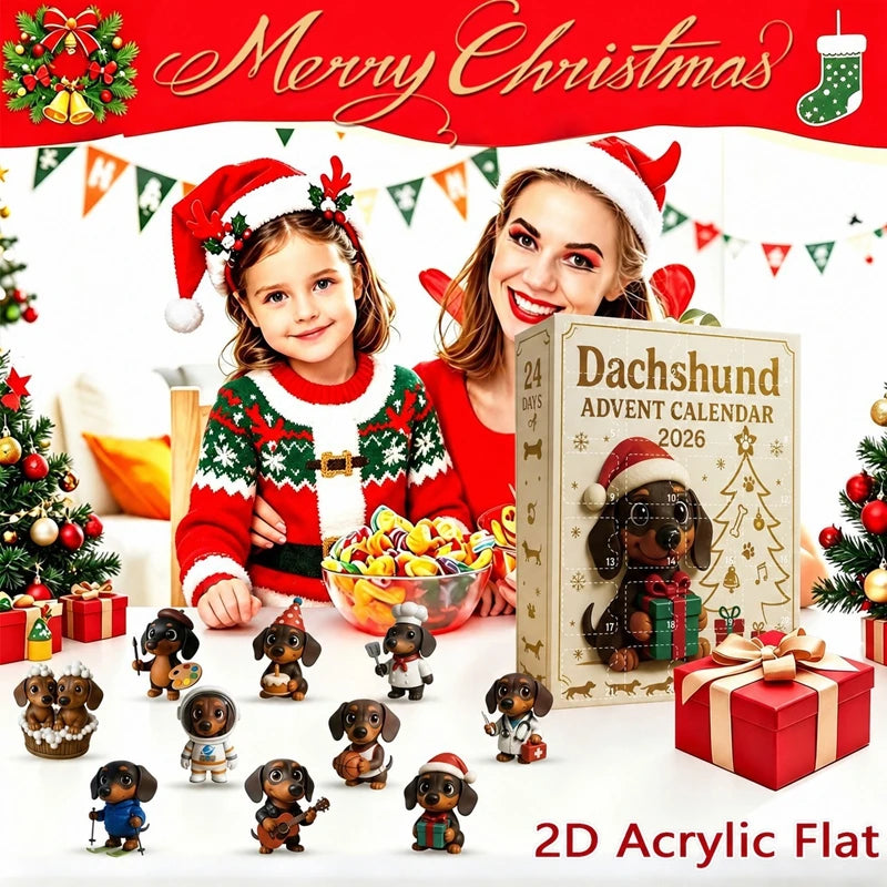 2026 Christmas Dachshund Advent Calendar – 24PCS 2D Dog Figurine Countdown Set