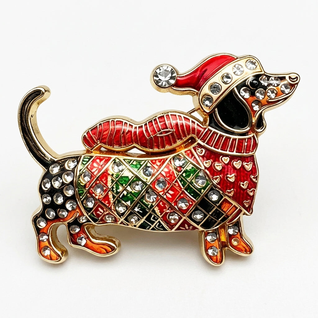 Christmas Dachshund Brooch Pins – Rhinestone Sausage Dog Brooches