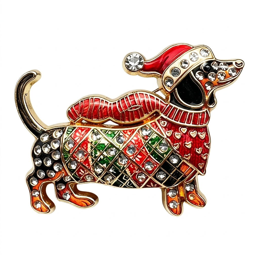 Christmas Dachshund Brooch Pins – Rhinestone Sausage Dog Brooches