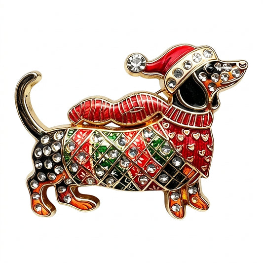 Christmas Dachshund Brooch Pins – Rhinestone Sausage Dog Brooches