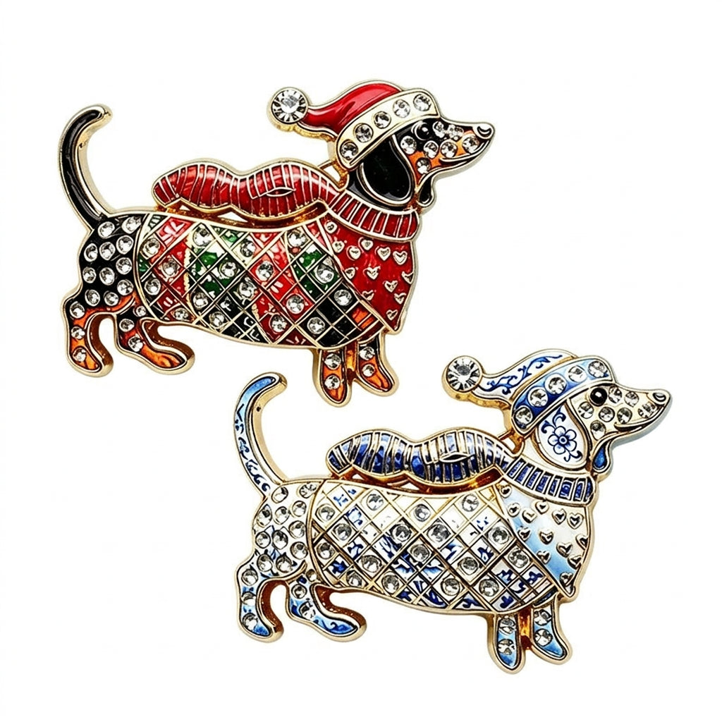 Christmas Dachshund Brooch Pins – Rhinestone Sausage Dog Brooches