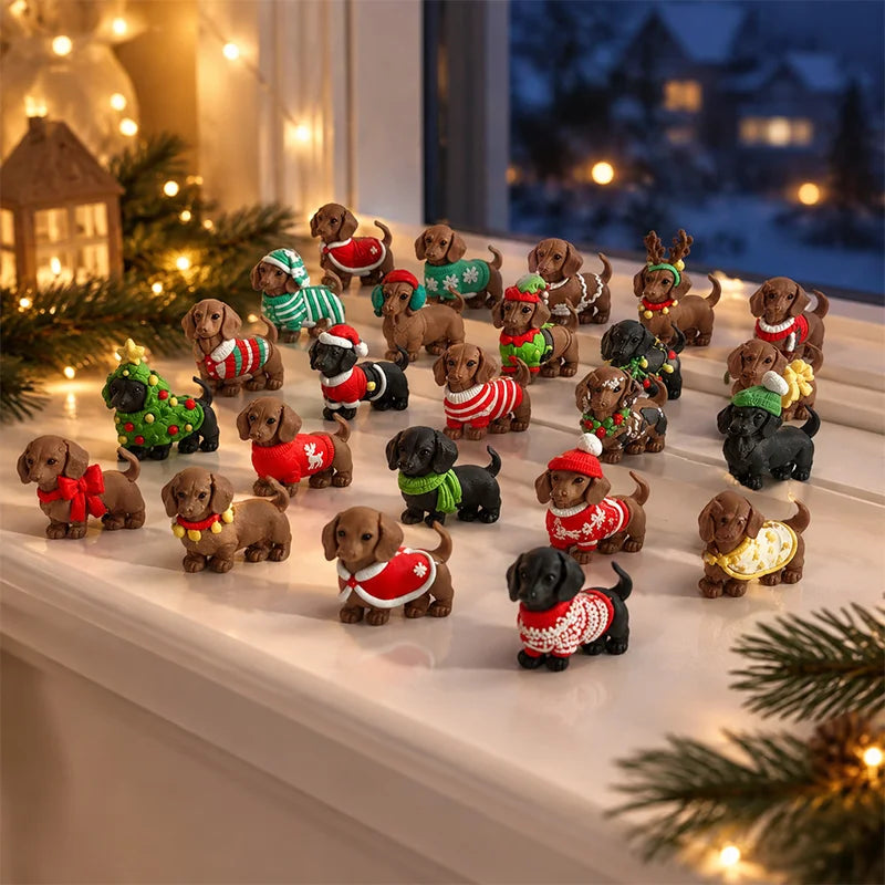 A collection of small dachshund figurines dressed in colorful Christmas sweaters, arranged on a white windowsill decorated with holiday lights, pine branches, and a warm lantern.