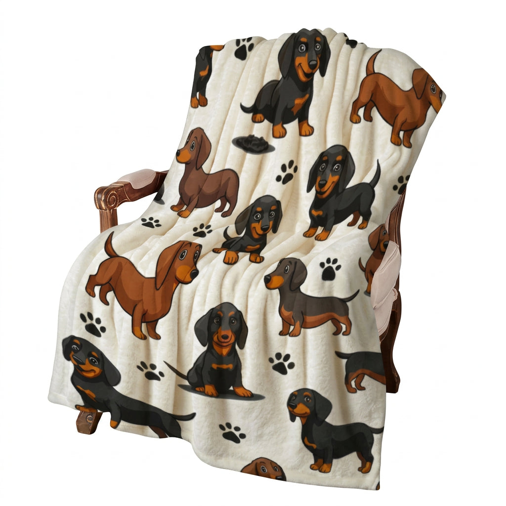 A cream-colored throw blanket featuring a cartoon dachshund pattern, draped over a wooden chair in a decorated room with red roses and gift boxes.