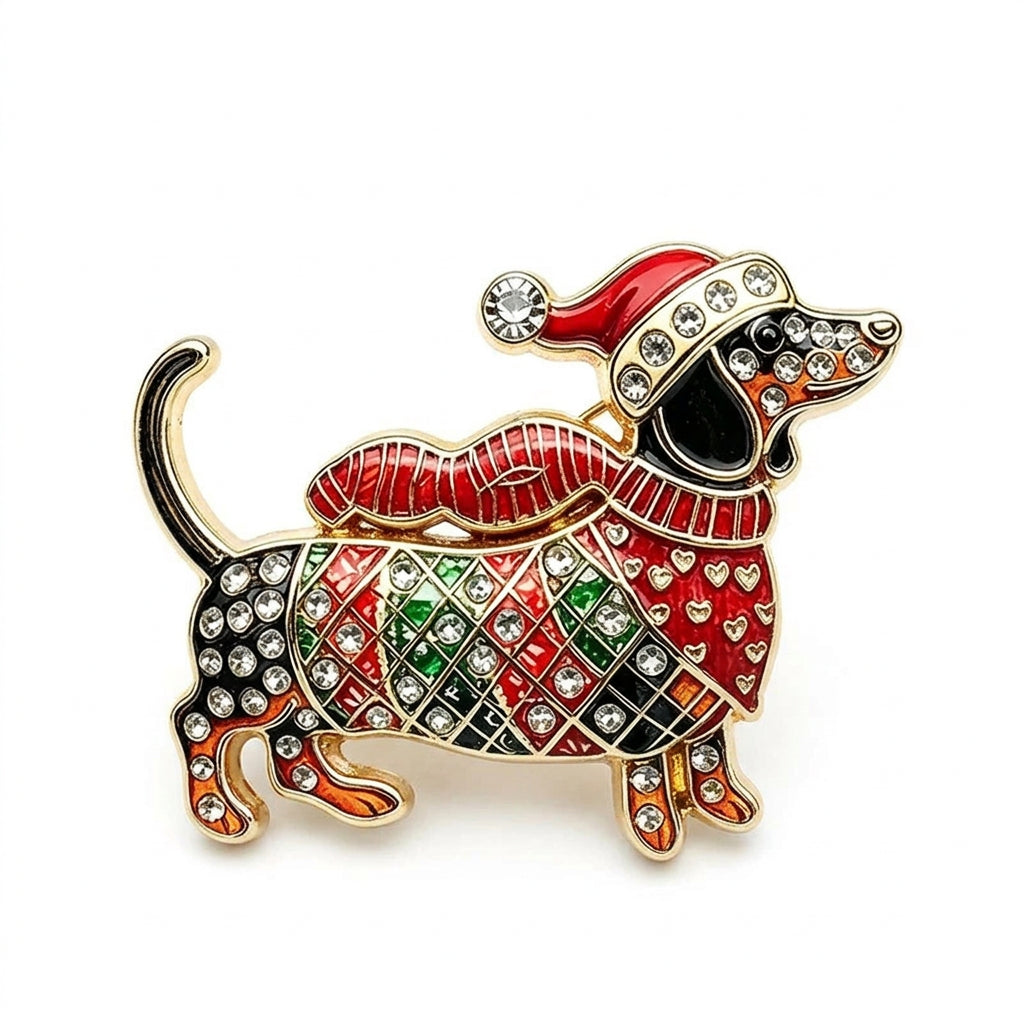 Christmas Dachshund Brooch Pins – Rhinestone Sausage Dog Brooches