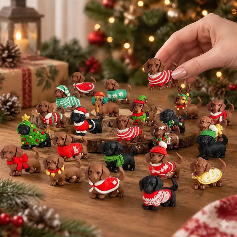 A collection of small dachshund figurines dressed in various colorful Christmas sweaters and holiday outfits, arranged on a wooden surface with a hand holding one figurine. The background features a blurred Christmas tree and wrapped gifts.