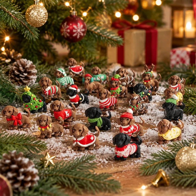 A collection of small dachshund figurines dressed in festive Christmas clothing, arranged on a snowy surface in front of a decorated Christmas tree with ornaments, pinecones, and wrapped gifts.