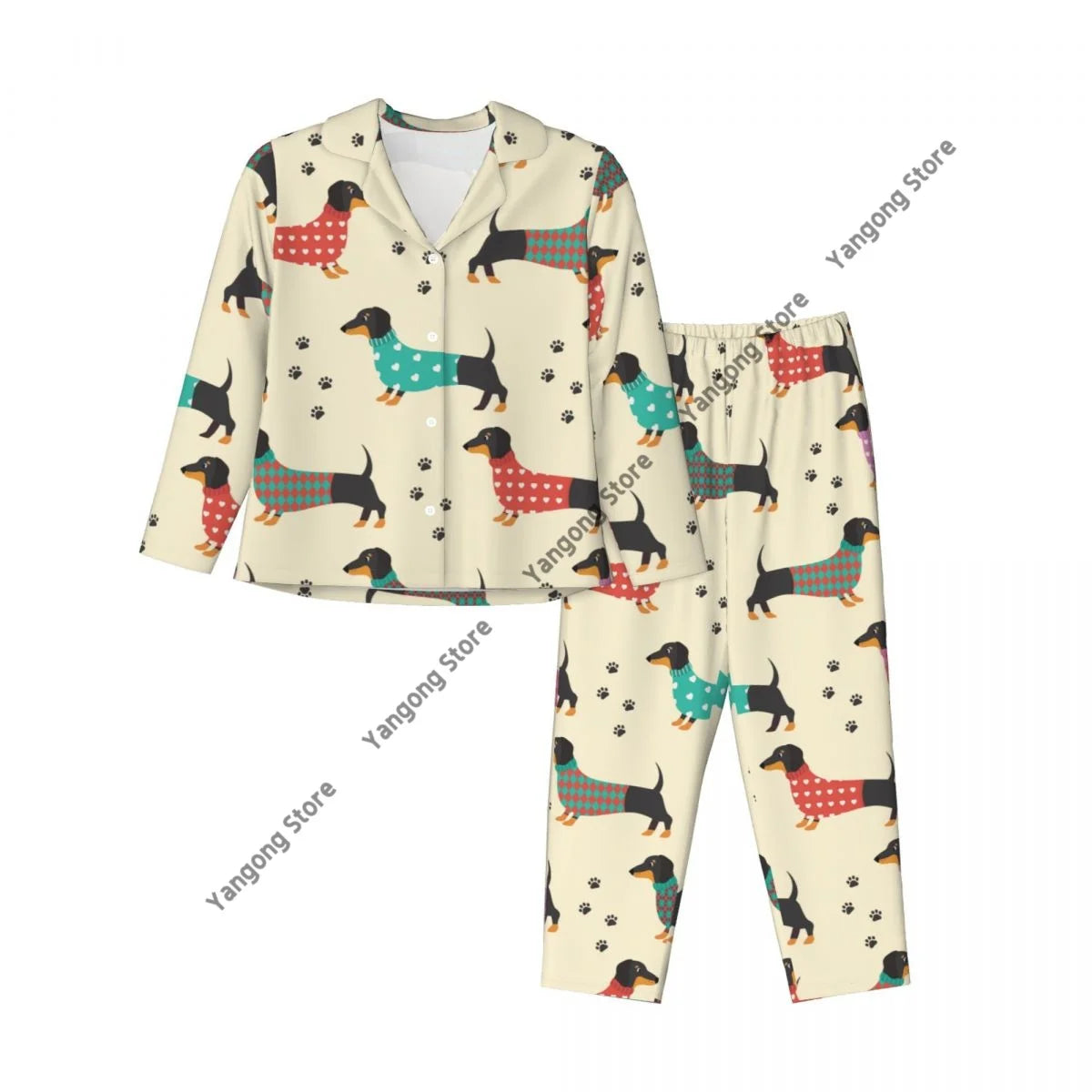 Ollabaky Women's Dachshund Pajama Set - Cute Dog Print Pjs, Short Sleeve Lounge Set, Sizes S-XXL