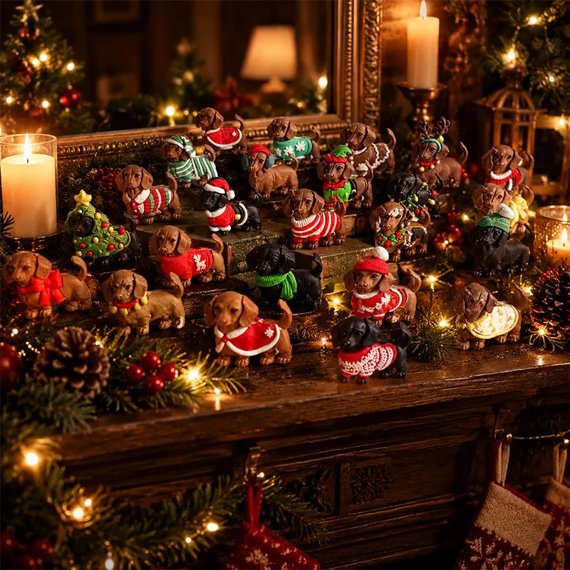 A collection of small dachshund figurines dressed in festive Christmas sweaters and hats, arranged on a dark wooden mantelpiece surrounded by holiday decorations, pinecones, candles, and warm string lights.