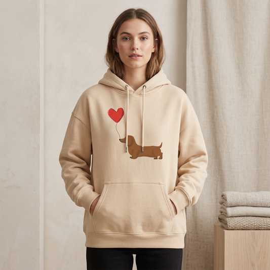 Beige dachshund hoodie with heart balloon print, worn by a model, front view showing the fit